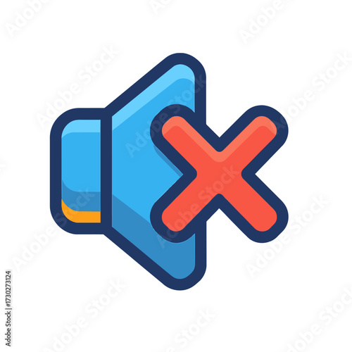 Vibrant blue speaker icon with red 'X', symbolizing mute or no sound. Essential for UI/UX designs, app controls, and web elements. Clearly indicates silenced media playback, volume off. Intuitive visu