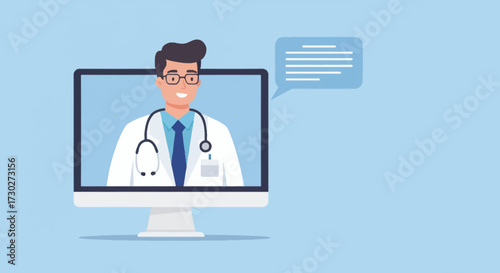 Illustration of a doctor on a computer screen providing online medical consultation.