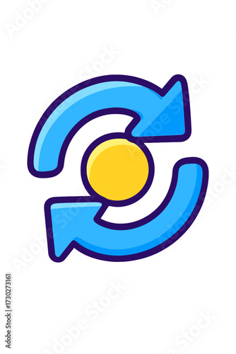 Blue refresh icon with arrows cycling yellow circle on dark background. Represents data sync, update, reload, continuous process. Good for UI/UX, apps, web, tech, showing perpetual motion and efficien