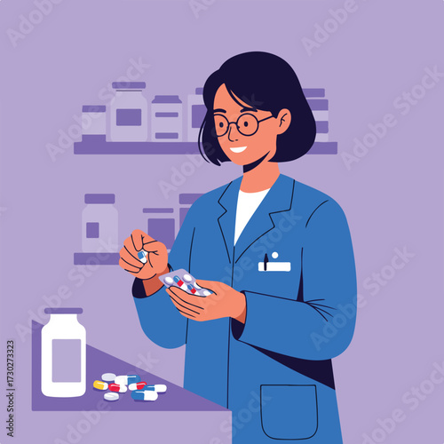 Smiling pharmacist holding blister pack in a pharmacy