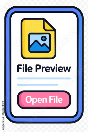 Digital file preview interface. Flat vector icon shows document, image placeholder, 'File Preview' text, 'Open File' button. Perfect for modern UI/UX, web/mobile apps, content management, secure acces