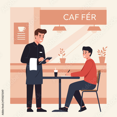 Waiter taking order in cafe, man seated at table. "CAF FÉR" sign above