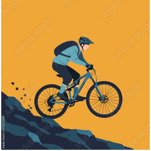 Man mountain biking off cliff edge, rocks falling on orange background, minimal