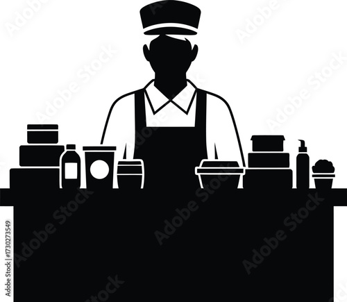 Silhouette of a takeaway worker standing behind a counter with various food containers, isolated on white background ready to serve customers with delicious meals