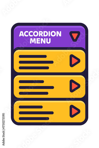 Modern Accordion Menu UI Component with vibrant flat design, featuring a bold purple header, bright yellow expandable panels, and intuitive play icons for seamless UX web and mobile app navigation.