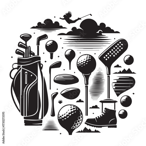 Collection of golf-related icons and silhouettes in a circular arrangement with a dynamic feel