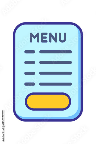 Glowing digital menu icon, essential for modern UI/UX design. This blue-hued card displays "MENU" with itemized lines and a bold yellow button. Ideal for restaurant apps, online food ordering systems,