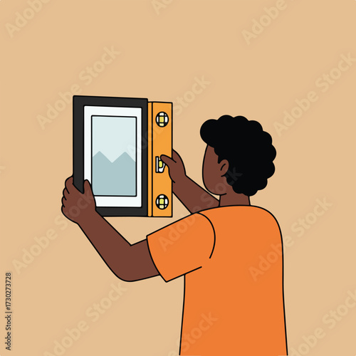 Person levels framed mountain art on beige wall, seen from behind