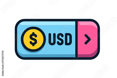 Flat Design USD Currency Selector Button UI Element. Vector Icon for Payment Gateway and Financial Transactions. Ideal for E-commerce, Mobile Apps, and Websites. Easily Choose US Dollar Payment Option
