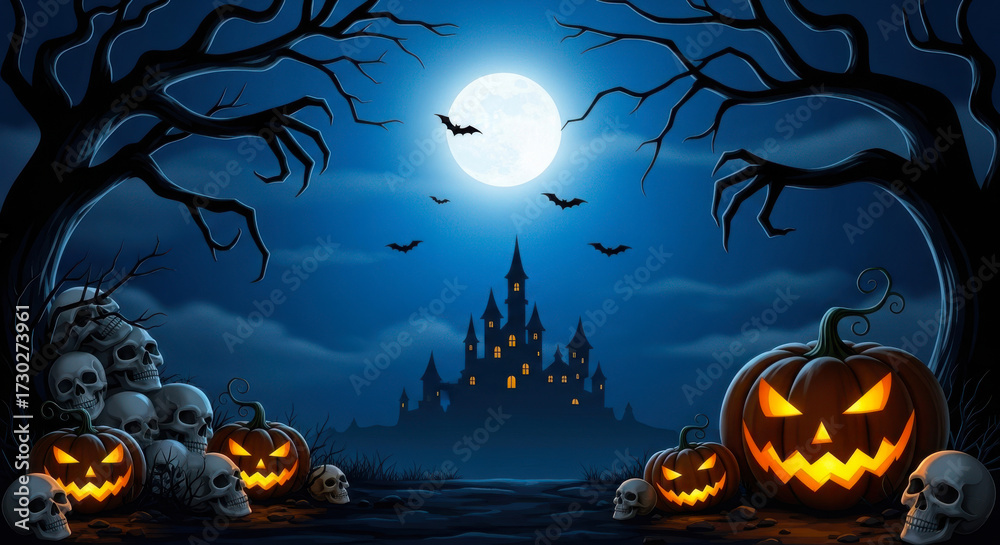 Fototapeta premium Spooky halloween night with a full moon, haunted castle, jackolanterns, and bats flying in the dark sky