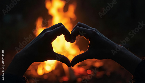 Hands forming heart shape in front of campfire