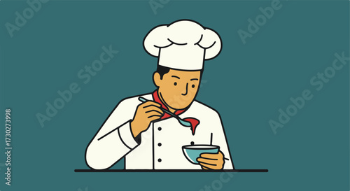Animated chef tastes red liquid from spoon, holding small blue bowl
