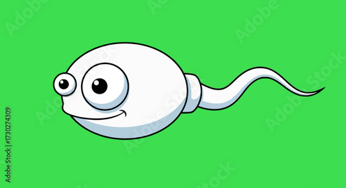 Cartoon sperm cell with eyes and a smile on a green background.