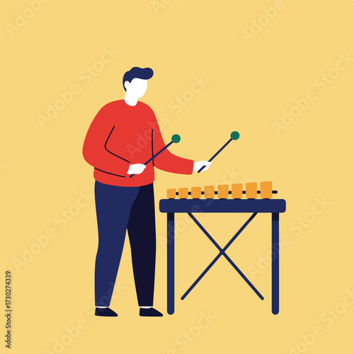 Man playing xylophone with green mallets on a tan background