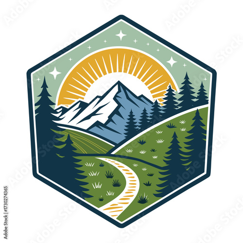 A hexagonal emblem depicting a mountainous landscape with a road and trees.