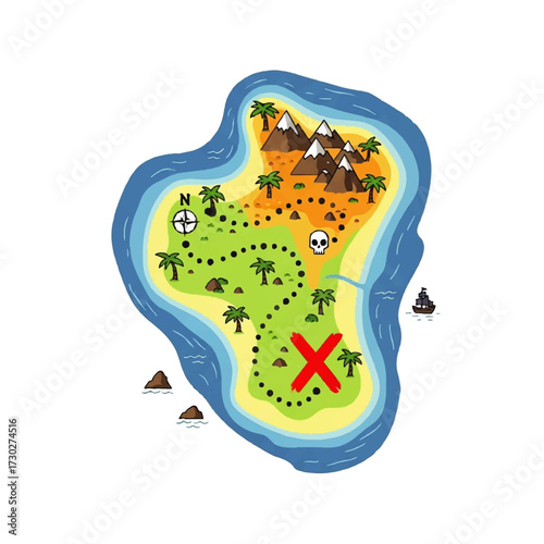 Treasure map with an 'X' marking the spot, depicting a tropical island with mountains, trees, and a pirate ship sailing in the distance