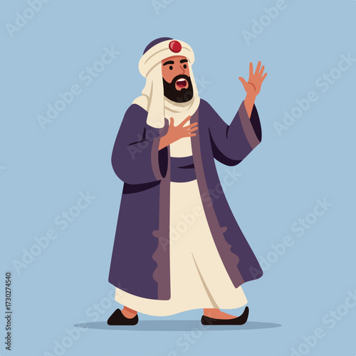 Man in traditional Middle Eastern clothing speaking expressively
