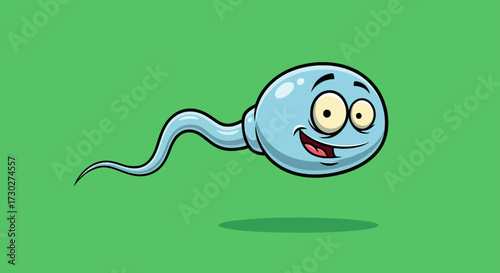 A cheerful blue cartoon sperm cell with a smiling face and big eyes, depicted swimming against a solid green background.