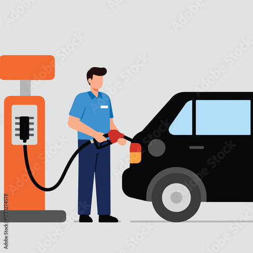 Man filling black car at orange gas pump on gray background, flat style