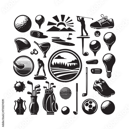 Diverse Golfing Imagery and Sports Icons in Silhouette Arrangement golf ball golf club