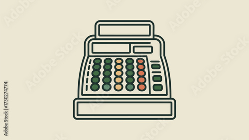 A simplified illustration of a vintage cash register with colorful round buttons and dark green outline