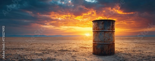 Brent oil barrel standing on plain surface concept. A rusty barrel stands alone against a stunning sunset backdrop.