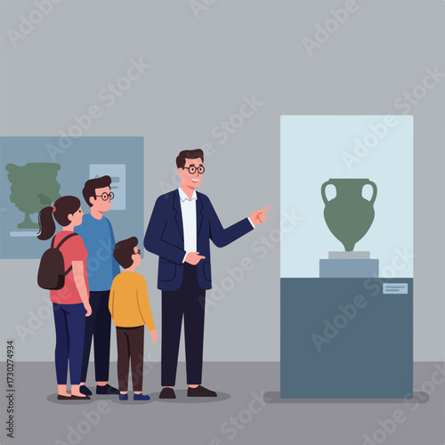 Museum guide explains art to a family, pointing at green vase in display case