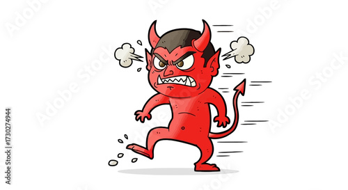 A cartoon illustration of a small, angry red devil stomping with steam coming out of its ears and tail blurred with motion.