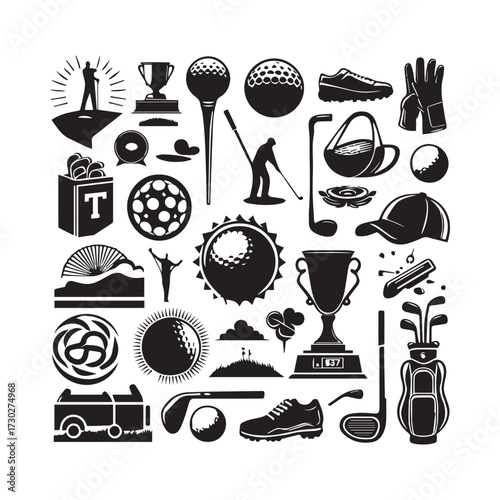 Diverse Golfing Imagery in a Square Collage with Trophies and Golfers golf ball golf club