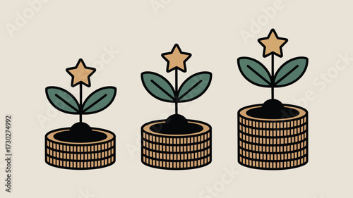 Three plants with star shaped flowers growing from stacks of coins on a light beige background