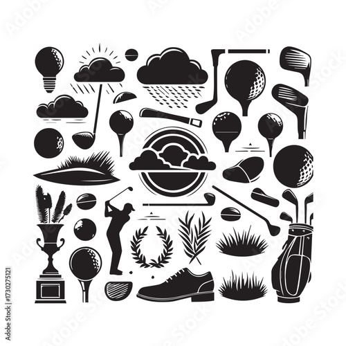 Diverse golf-themed icons and silhouettes scattered in a rectangular composition with a black and white style