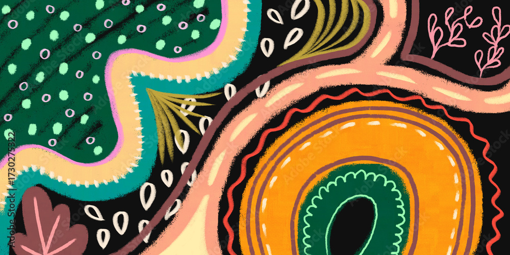 Obraz premium Abstract colorful background with hand drawn shapes. Playful freehand drawing artwork. For exhibition, event, or advertisement poster design.