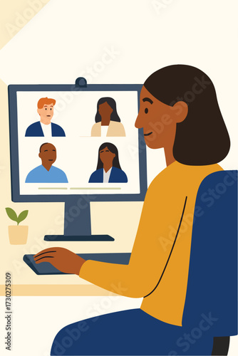office lady attending virtual conference on computer