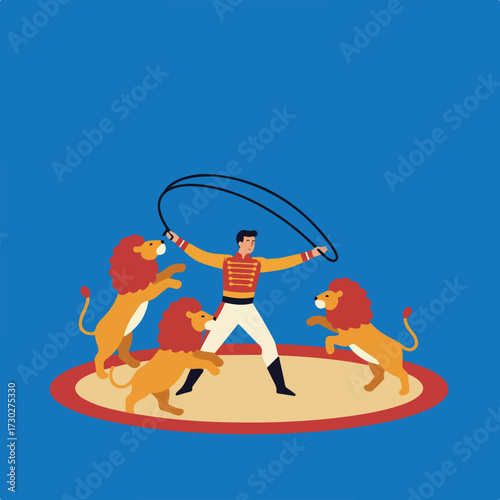 Ringmaster with lions performs in the circus ring on a blue backdrop