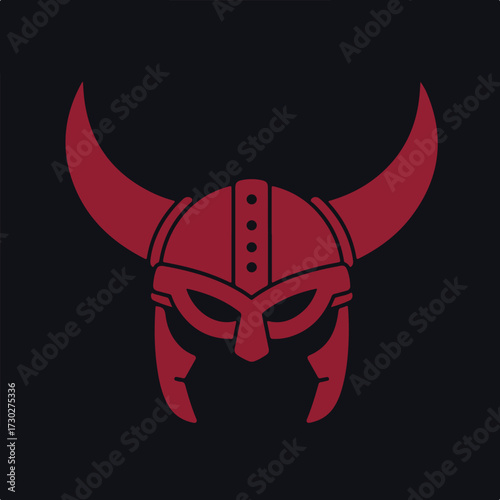 Stylized red Viking helmet with horns on a black background