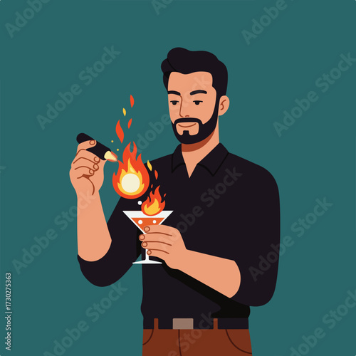 Man ignites a martini using a torch