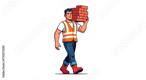 Illustration of a construction worker carrying a stack of bricks on his shoulder, walking.