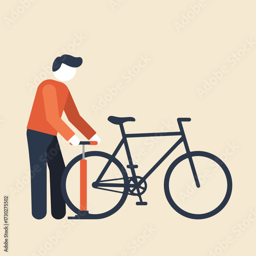 Man with faceless head pumps up bike tire using an orange air pump on tan background