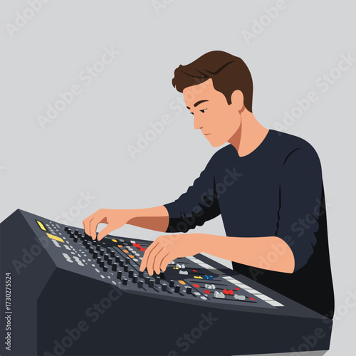 Man working with soundboard mixing equipment, with a gray background