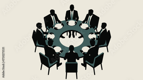 A stylized illustration of a business meeting with people sitting around a gear shaped table top view