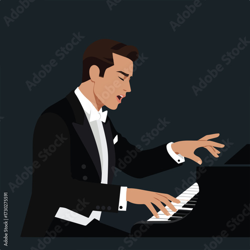 Man in tuxedo plays piano, singing