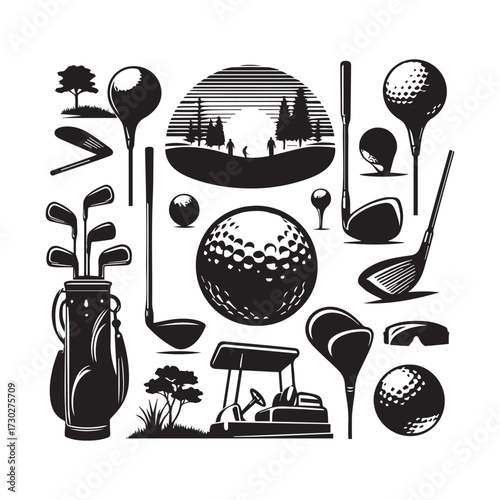 Golf Course Landscape and Equipment Silhouettes in Black and White Illustration Keywords: golf, sport, landscape, trees, golf course, golf clubs, golf balls, golf bag, golf cart, silhouette, black