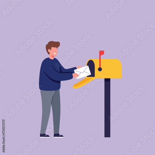 Person places letter into yellow mailbox with raised red flag on lilac backdrop