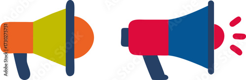 Two colorful megaphones broadcasting messages and announcements