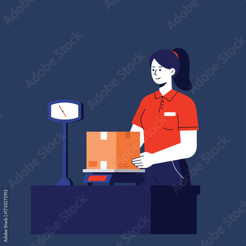 Woman weighing a box on a scale in a dark blue room, illustration