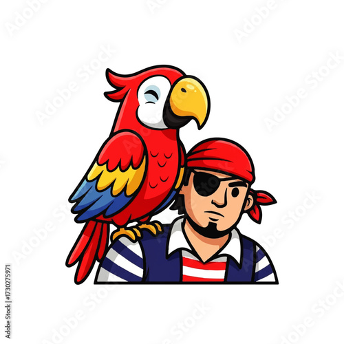 A cheerful cartoon pirate character, adorned with an eye patch and a red bandana, is accompanied by his loyal, vibrant red macaw perched on his shoulder, ready for exciting adventures