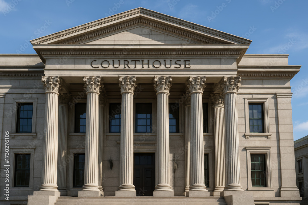Fototapeta premium Courthouse exterior with large stone columns, classical architecture, blue sky background