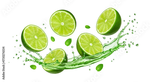 Fresh lime halves and whole limes splashing in vibrant green juice with leaves on a white background, showcasing a refreshing citrus burst.