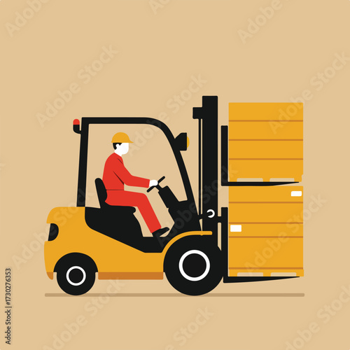 Cartoon forklift carries boxes, driver in red uniform on beige background