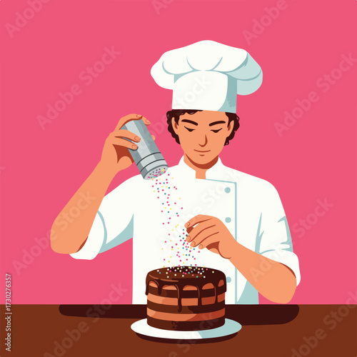 Chef sprinkles a chocolate cake with colored sprinkles on a pink background